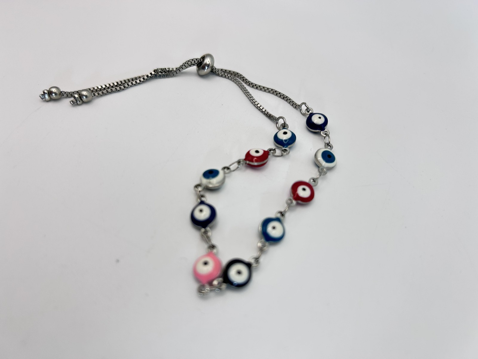 Bracelet Multicolor Glass Evil Eye Beaded Chain Bolo Adjustable 7″ Boho Womens