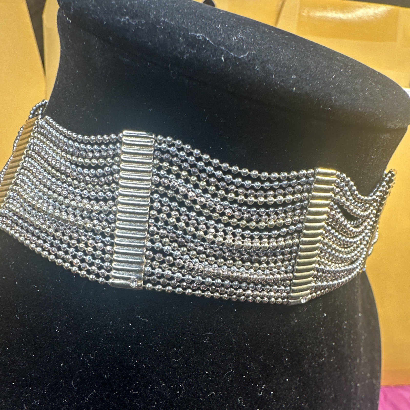 Natasha Silver Tone Multi Strand Ball Chain Choker Necklace, Adjustable, Signed