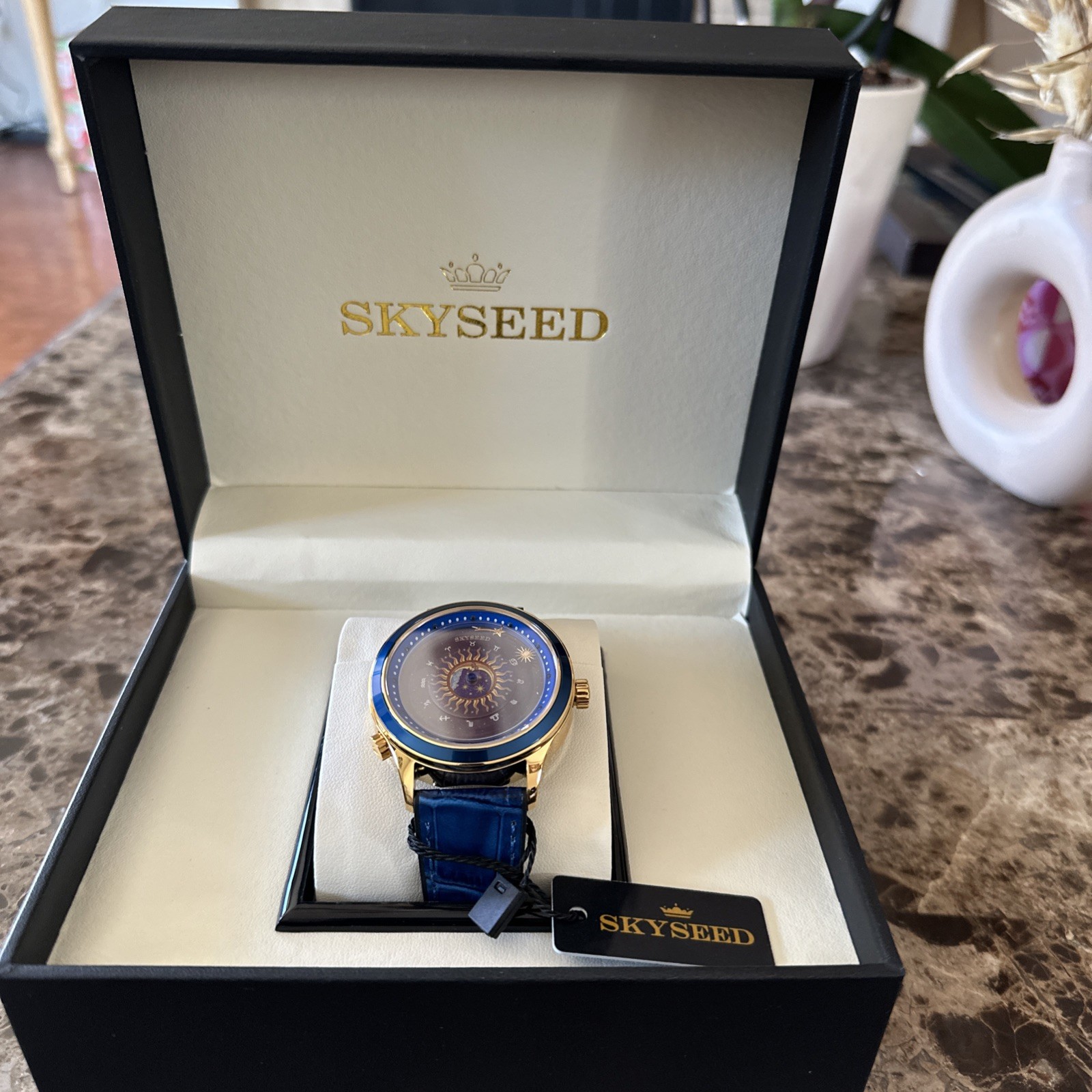 SKYSEED Celestial Blue Leather Band Men’s Analog Wristwatch Gold Accents Box