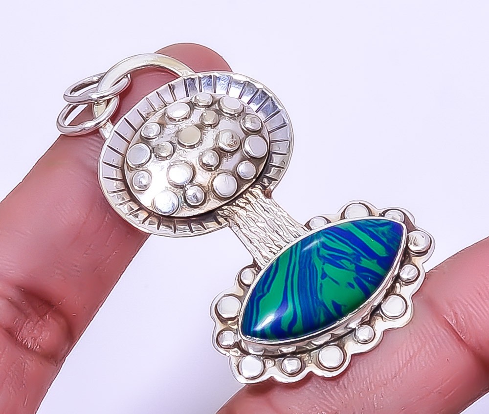 Azurite Malachite 925 Sterling Silver Designer Pendant 2.15″ A330