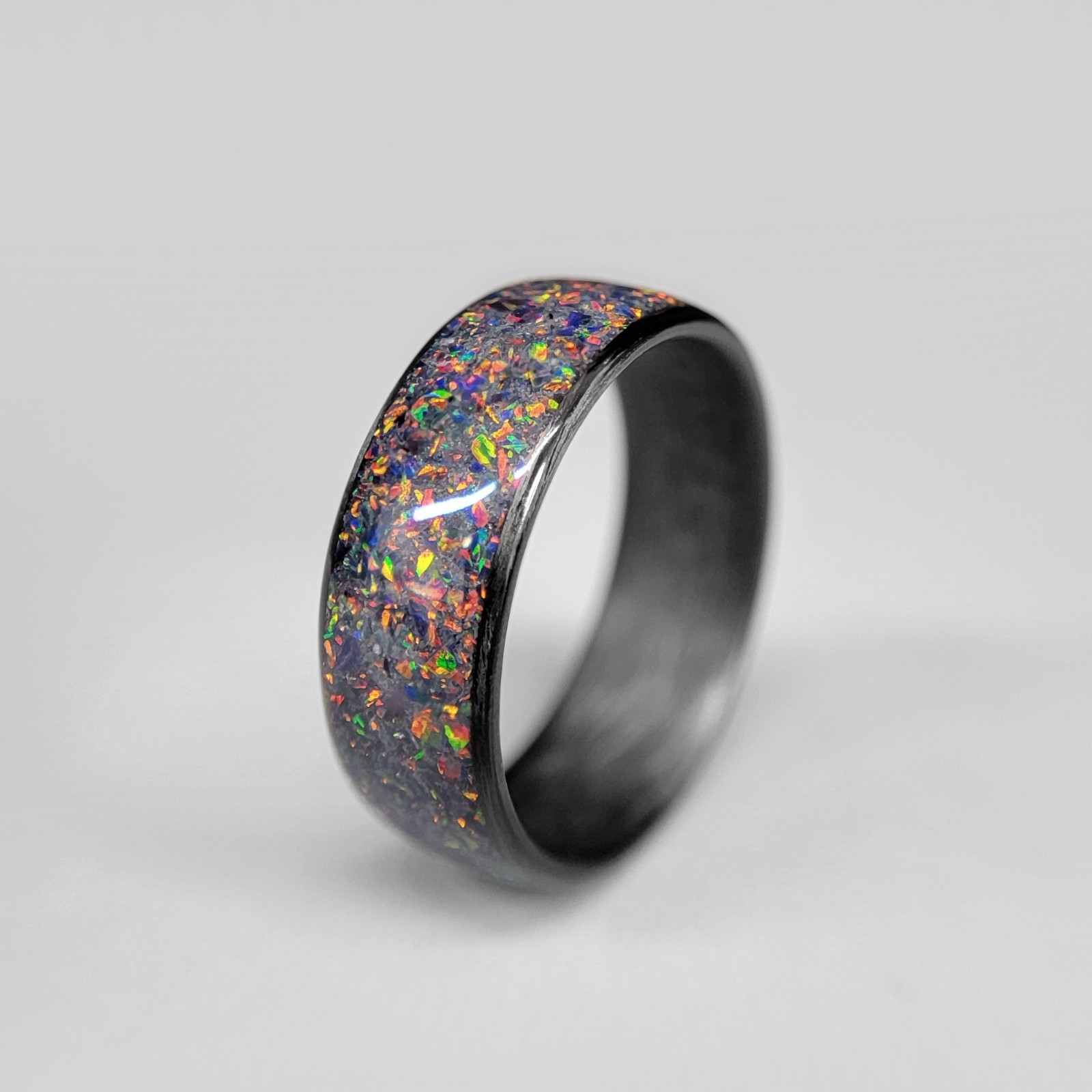 Carbon Fiber Ring with Fire Opal inlay – Handcrafted – Sizes 4-16 – Custom Width
