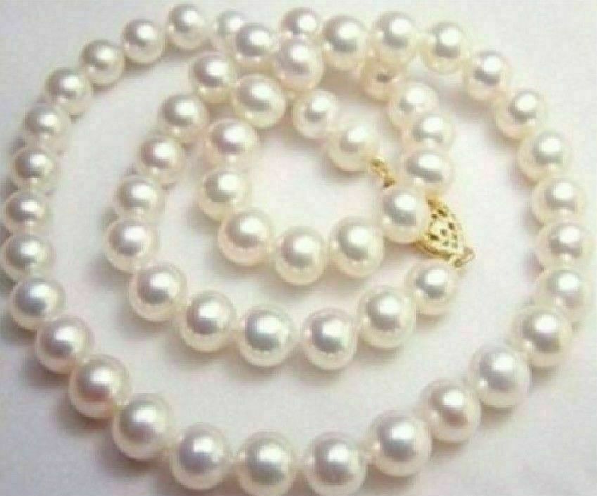 18 inch AAAA Japanese Akoya 9-8 mm white pearl Necklace 14K Yellow Gold clasp