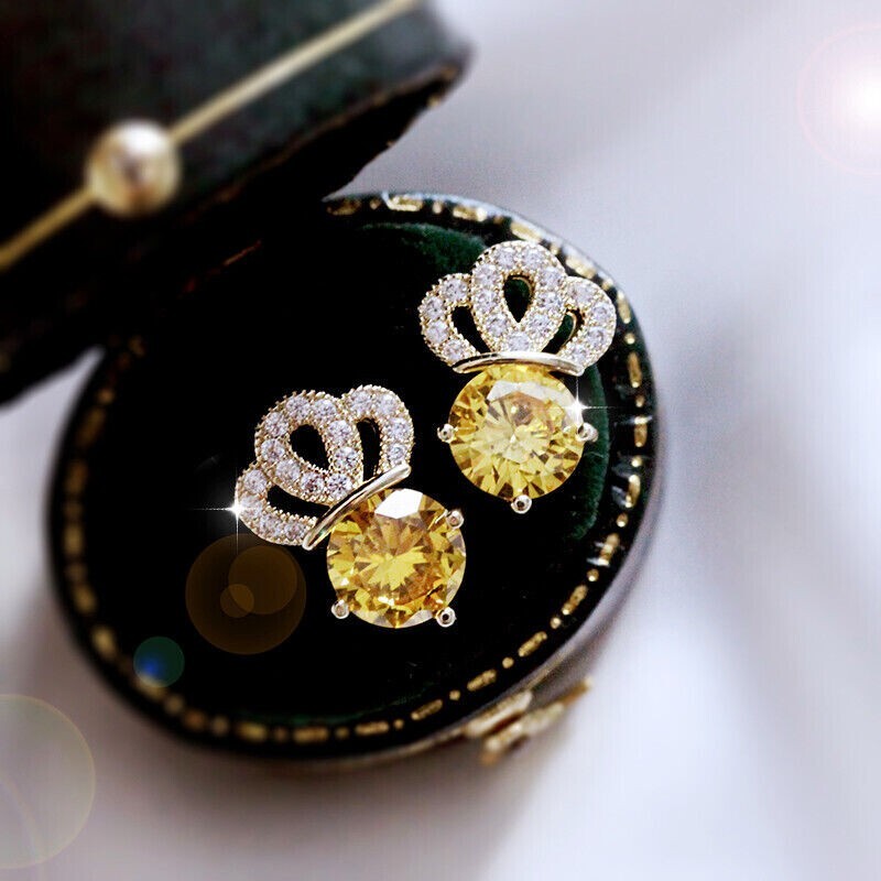 2Ct Round Lab Created Yellow Citrine Stud Earrings 14K White Gold Plated Silver