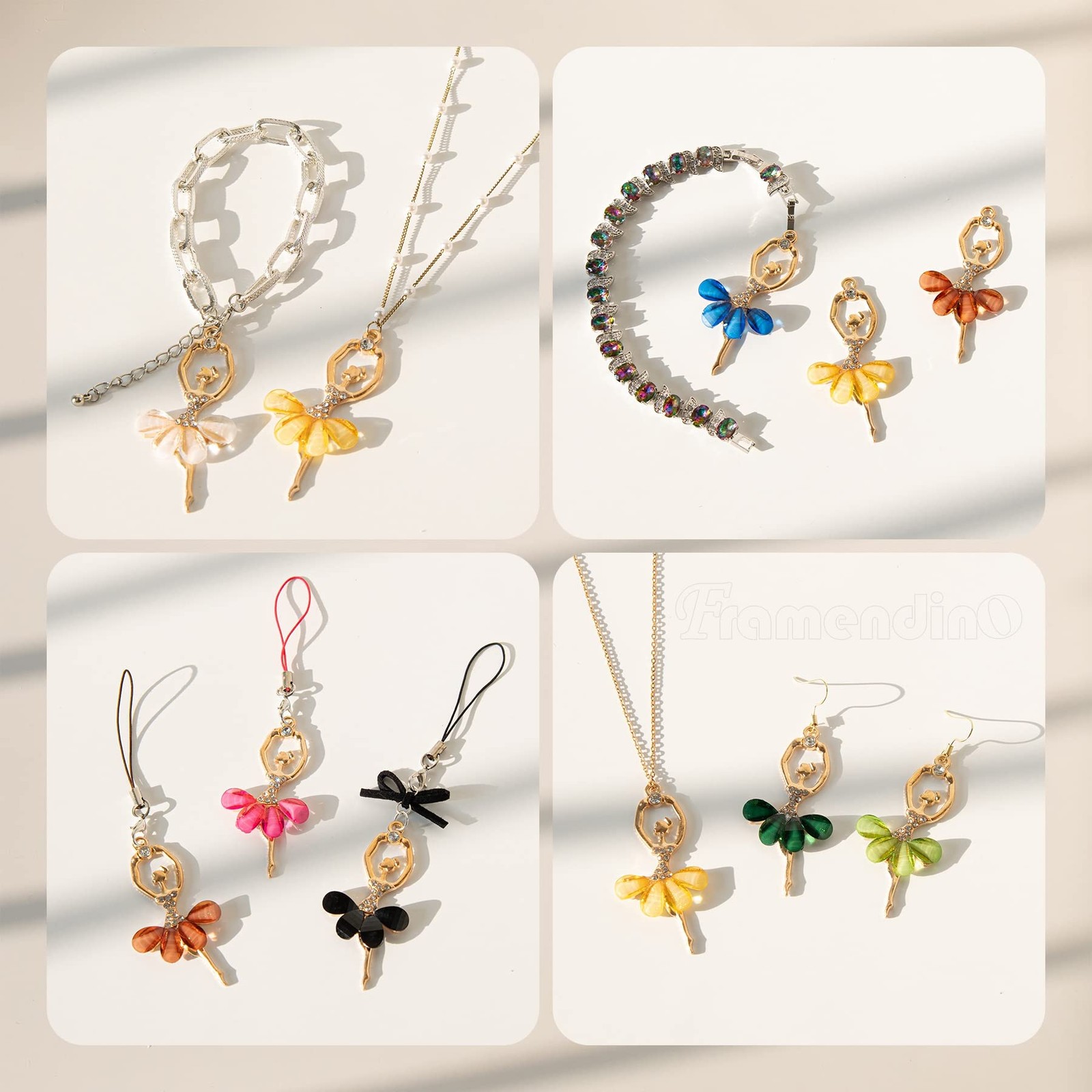 Framendino, Ballerina Charms Ballet Girls Pendants Rhinestone Crystal Dancer Gir