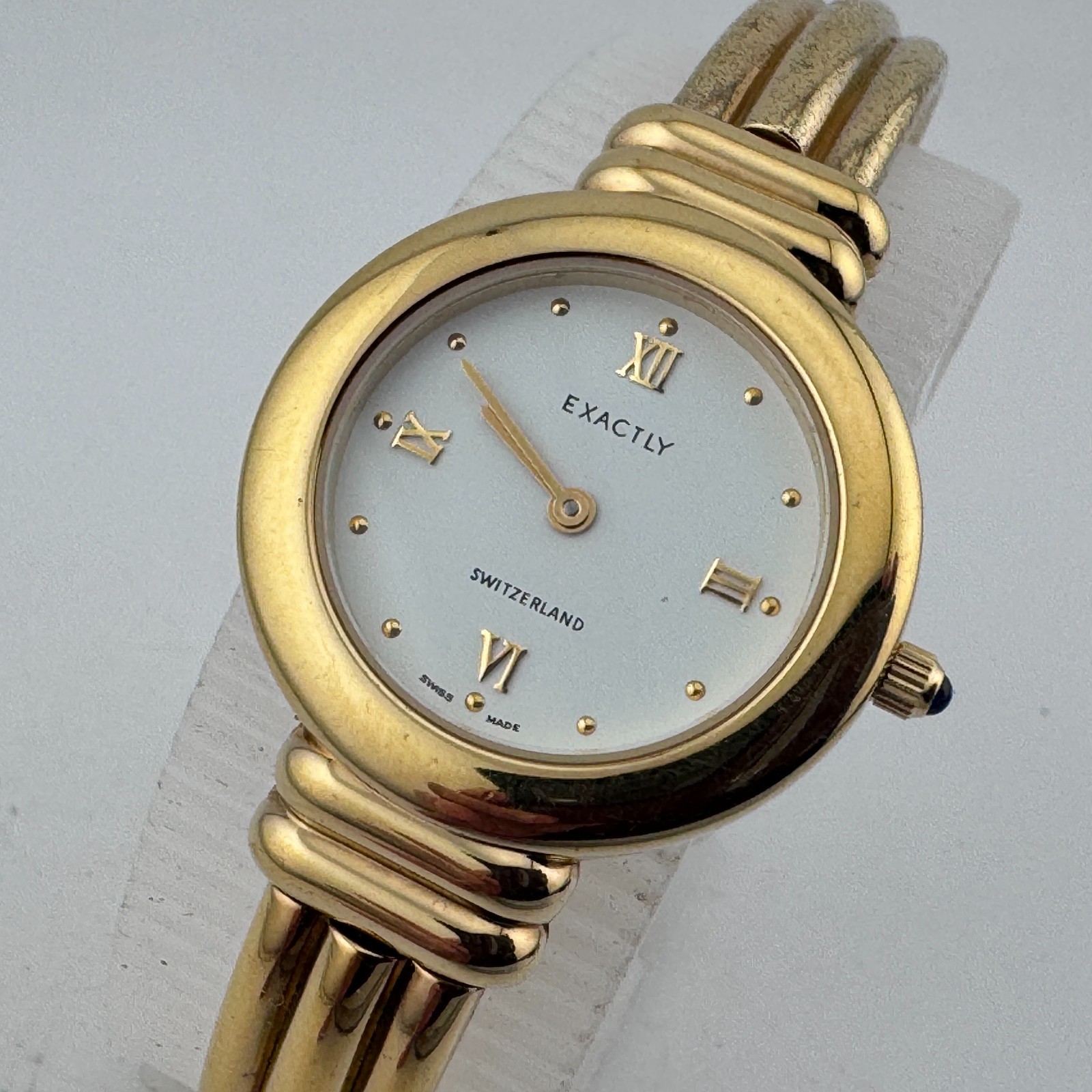 Vintage Exactly Swiss Quartz Watch Women 29mm Gold Tone Cuff Bangle New Battery