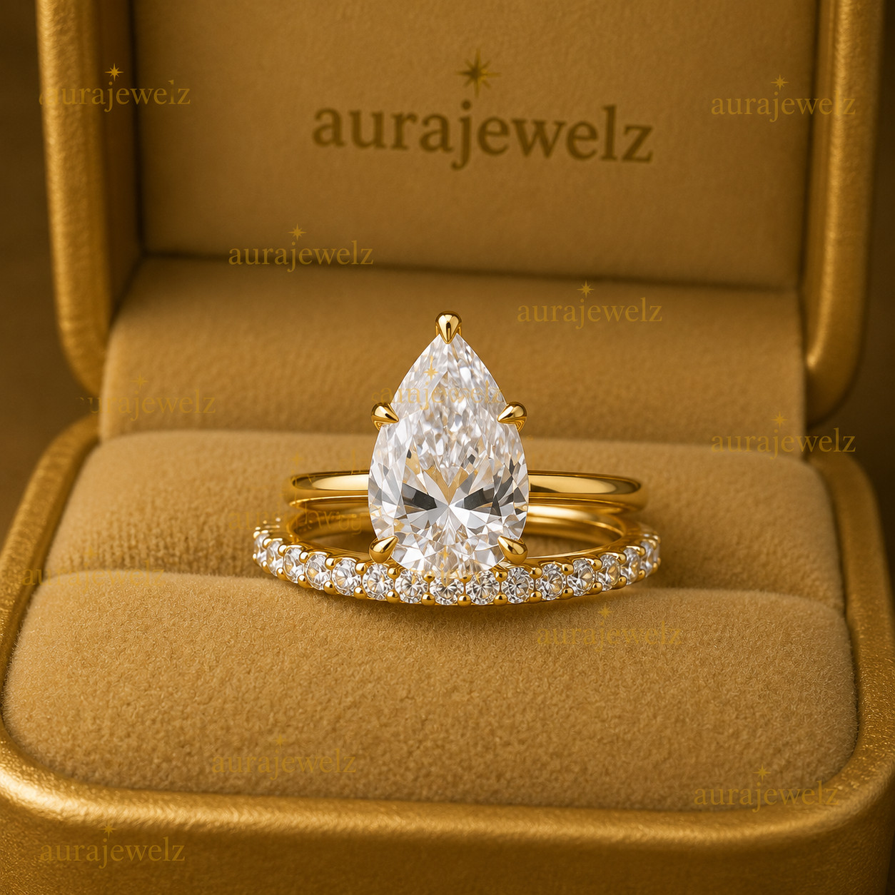 3Ct Pear Cut Moissanite Engagement Bridal Band Ring 14k Yellow Gold Plated Set
