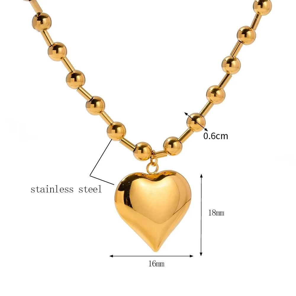 Stainless Steel Heart Necklaces for Women 6Mm Gold/Silver Color Metal Ball Bead