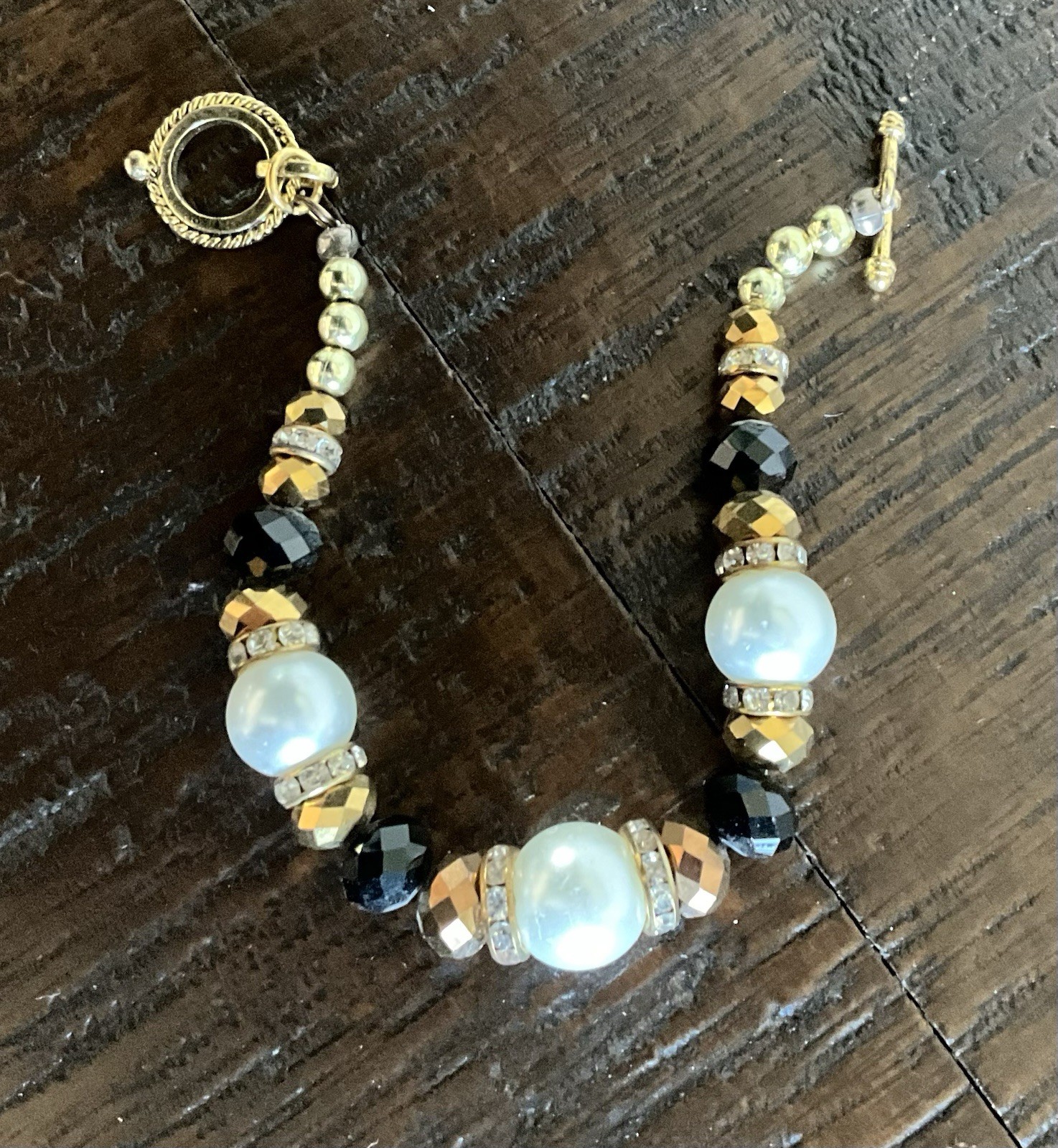 Extra Large Hand Crafted Gold Black White Beaded Bracelet