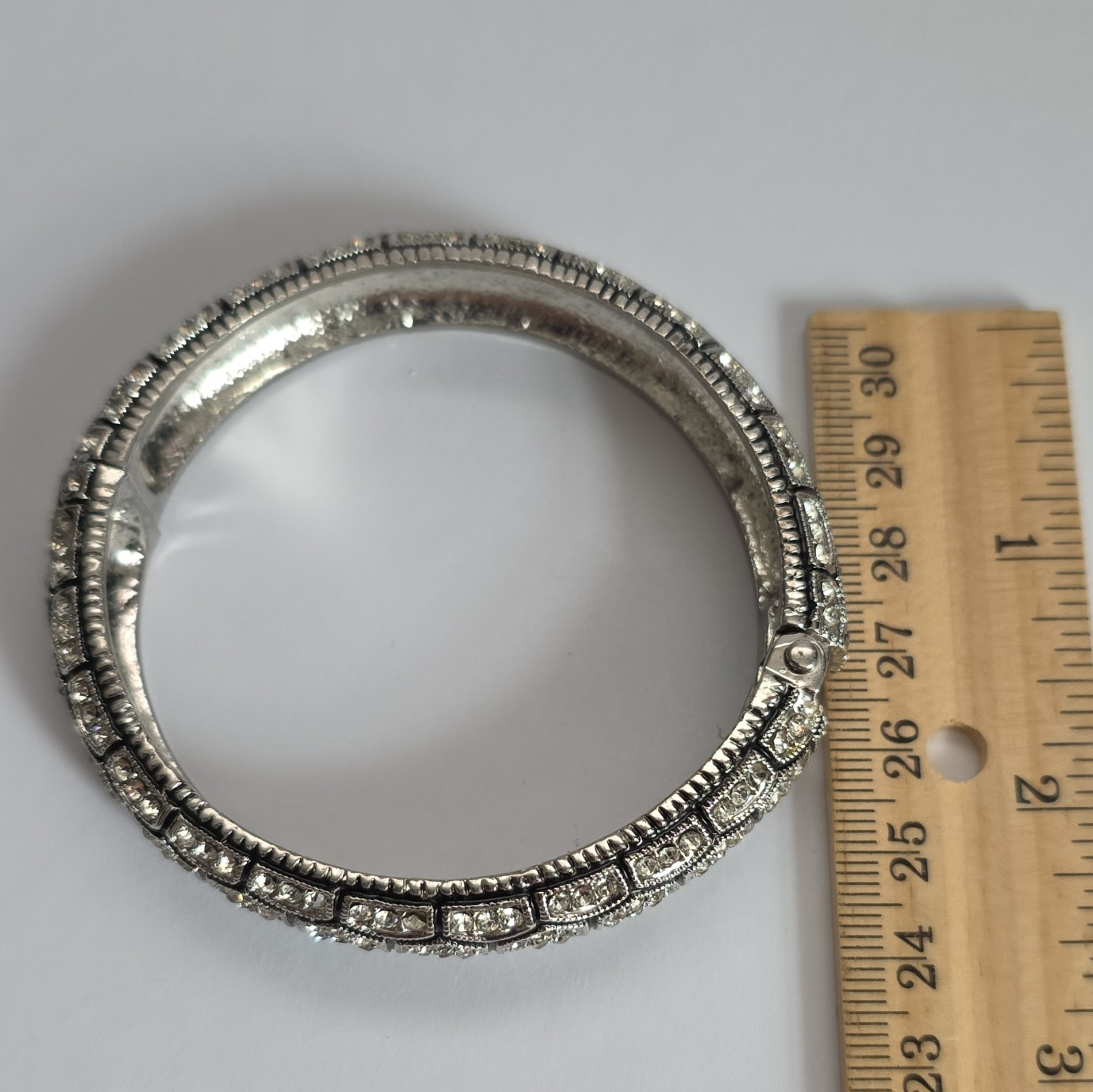 Natasha Bangle Bracelet Rhinestone Silver Tone Hinged Glam Statement