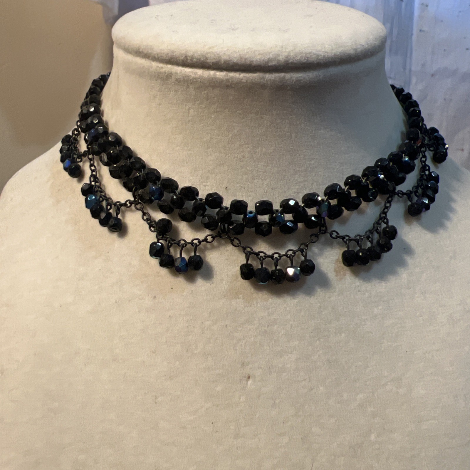 Vtg Robert Rose Y2K Black Peacock Glass Edwardian Revival Choker Necklace