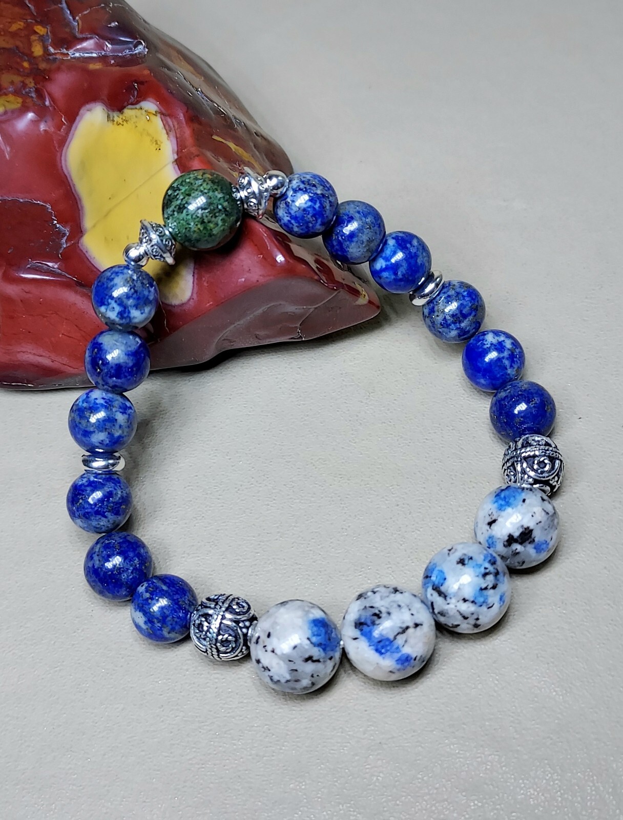 Blue Lapis and K2 Stone Bracelet Unique Meditation Jewelry Stretchy Gems 6.25″