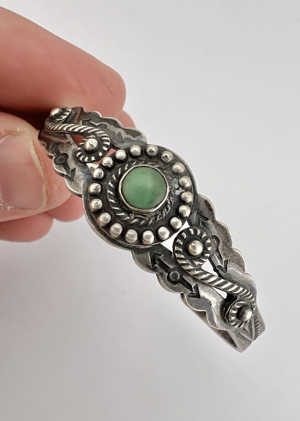 Fred Harvey Era Navajo Sterling Silver Cerrillos Turquoise Stamped Cuff Bracelet