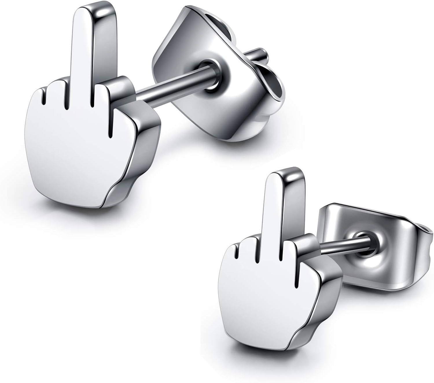 2Pairs Punk Stainless Steel 20G Silver Black Middle Finger Ear Studs Earrings Wo