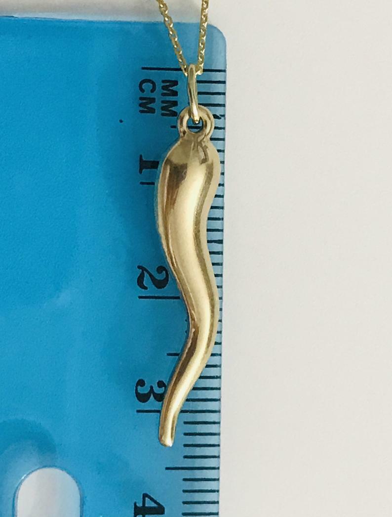 10K Real Gold Italian Horn, Cornicello, Chili 1.3″ Pendant / Necklace – C3041
