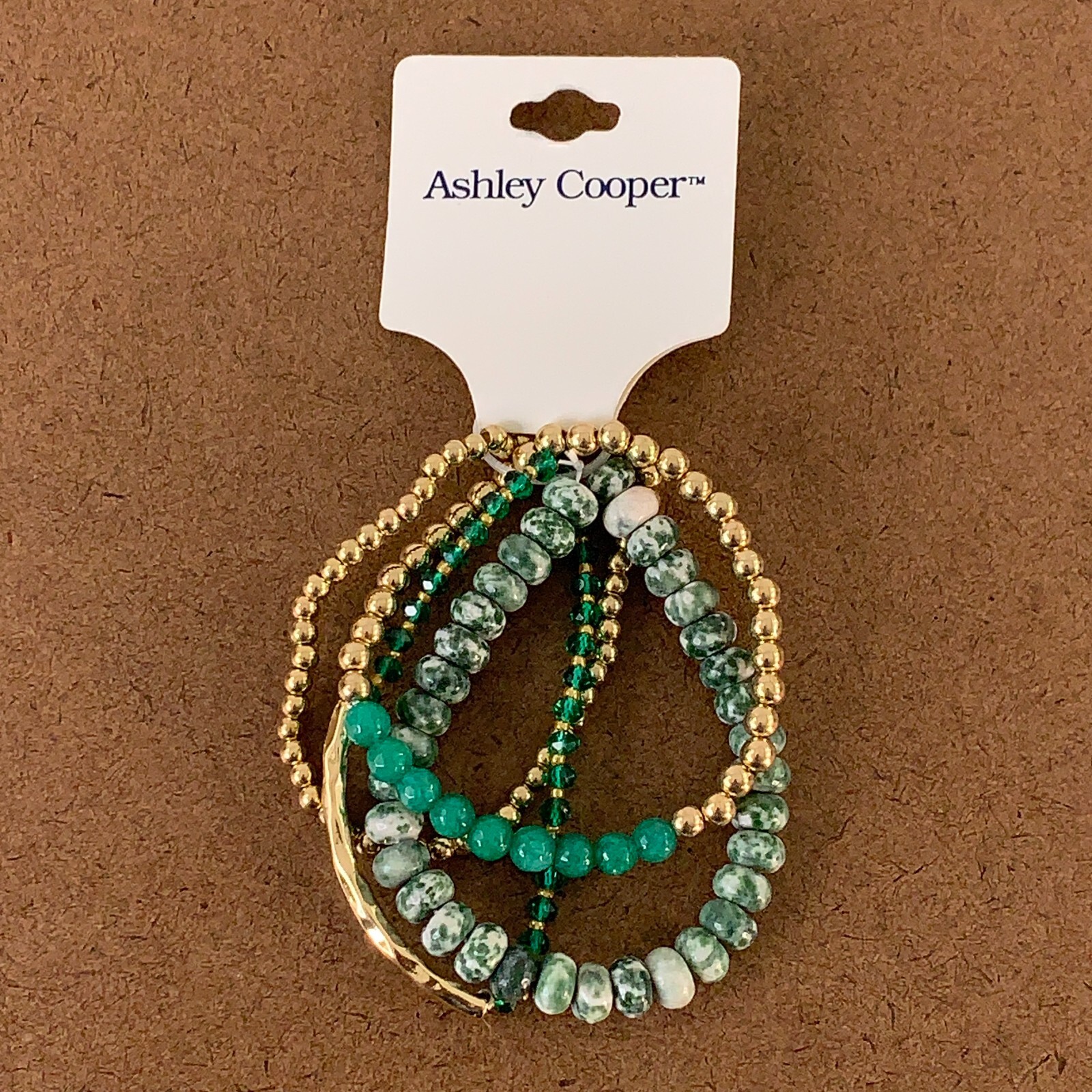 Ashley Cooper Womens One Size Stretch Green Gold Beaded 4 Piece Bracelet Set NWT