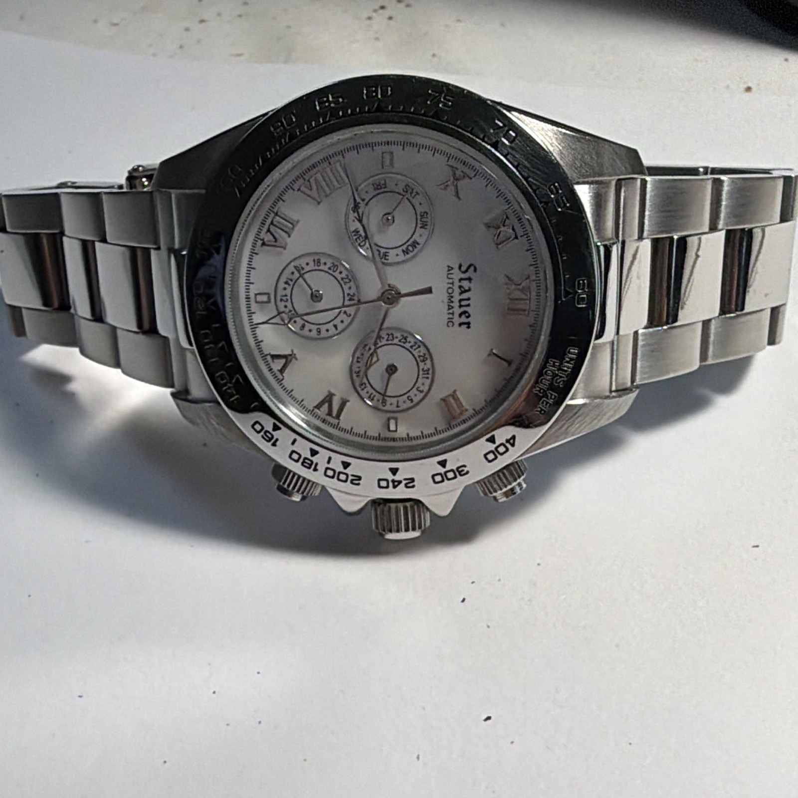 Stauer Automatic Silver/White Dial Roman/Stick Bracelet Tachymeter Day Date