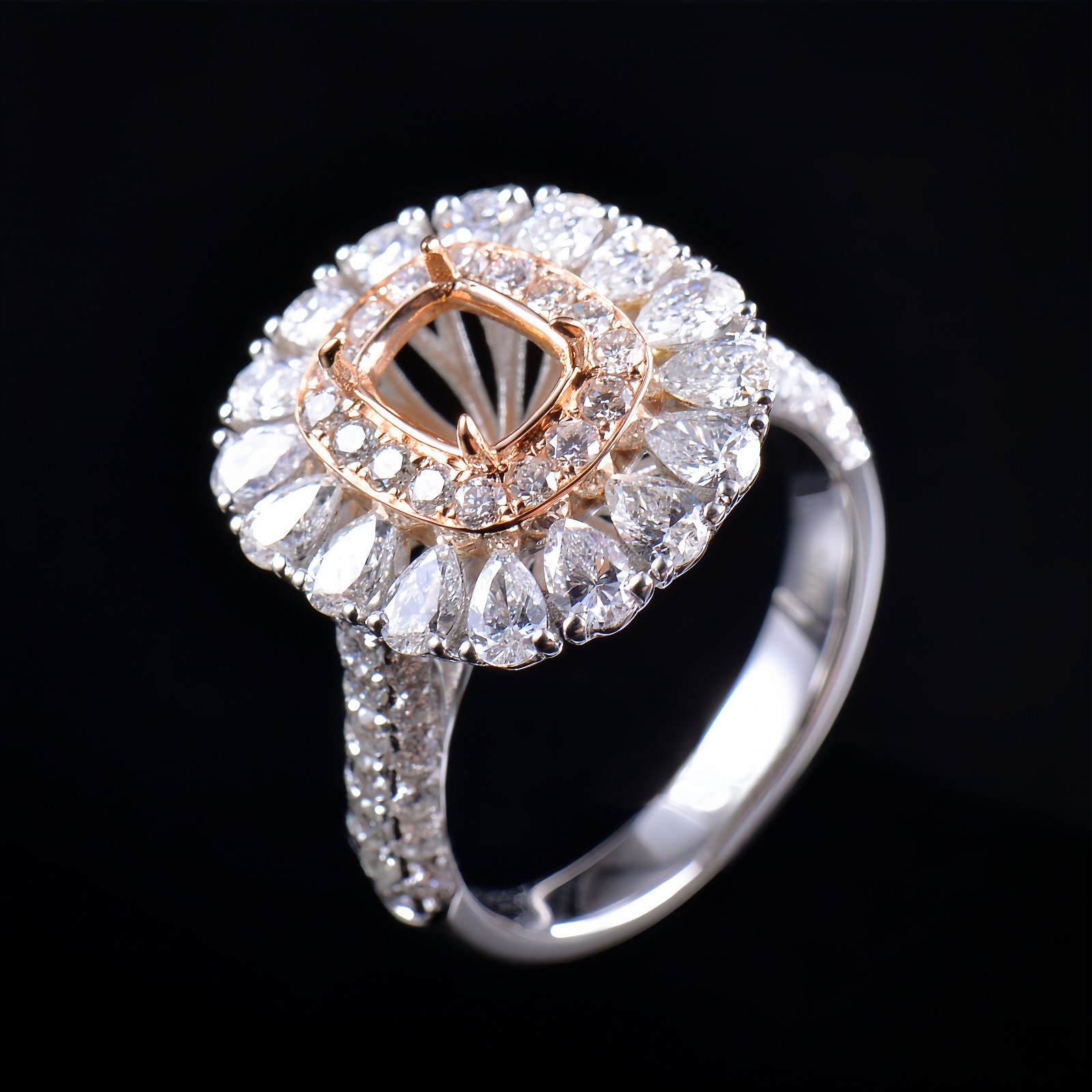Custom Natural Diamond Semi Mount Women Ring Solid 14K 2-Tone Gold Cushion 7×5mm