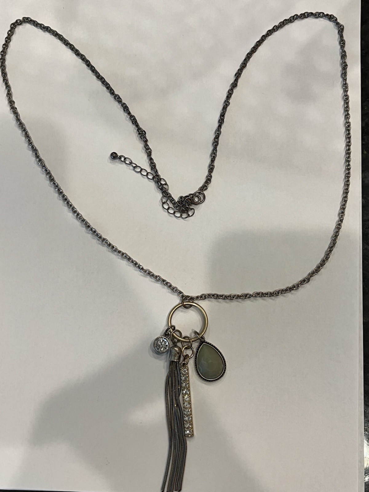 Silver/Gold Tone Cable Chain Necklace Teardrop Crystal Tassel Charm Adjustable