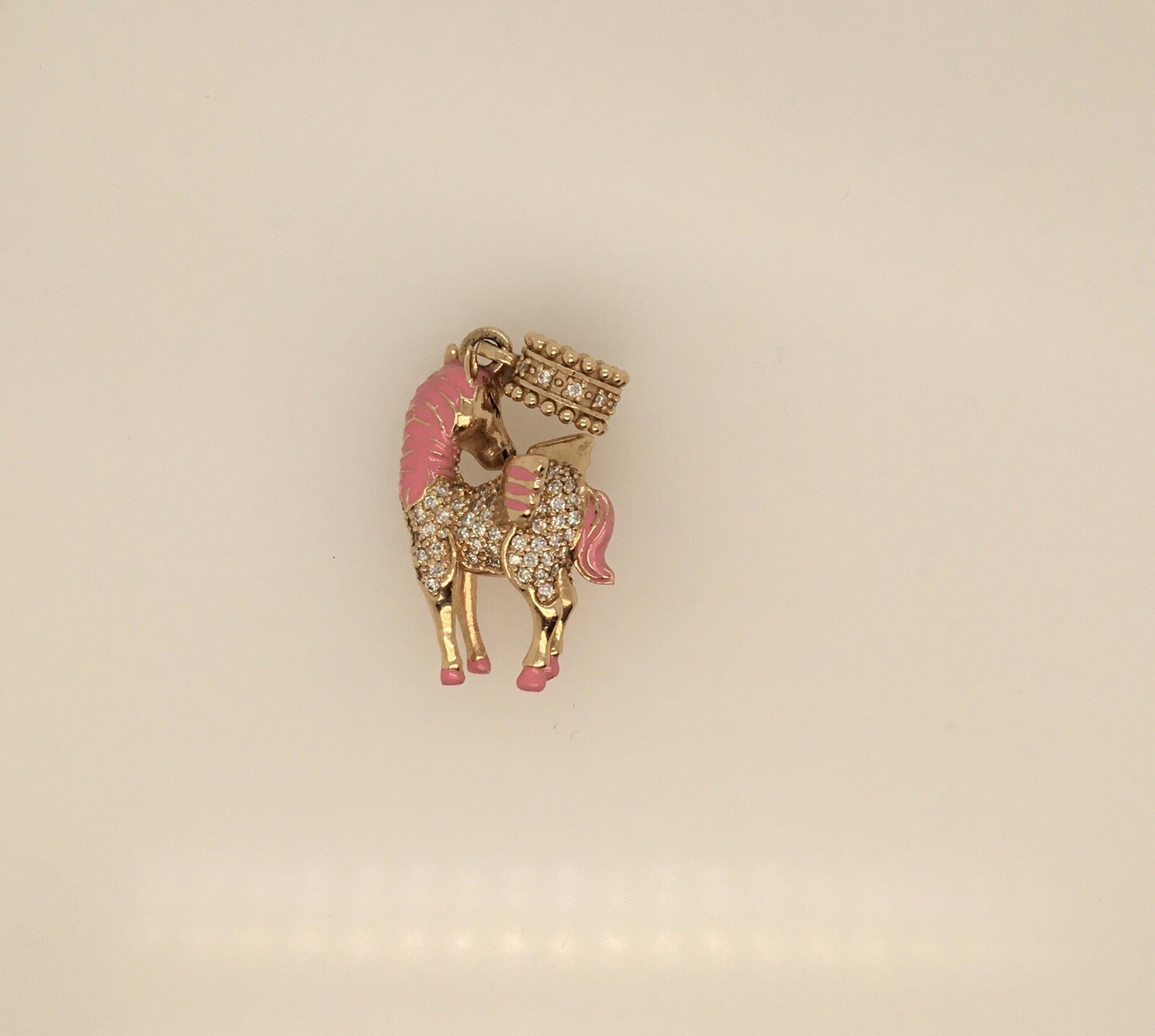 14k yellow gold unicorn charm pendant 17.60 Gm 132 Dia 1.20 Ct Pink Enamel