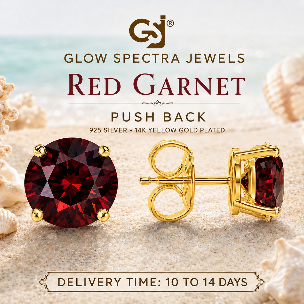 2.00CT Solitaire Red Garnet Stud Erring 925 Silver 14k Yellow Gold Plated