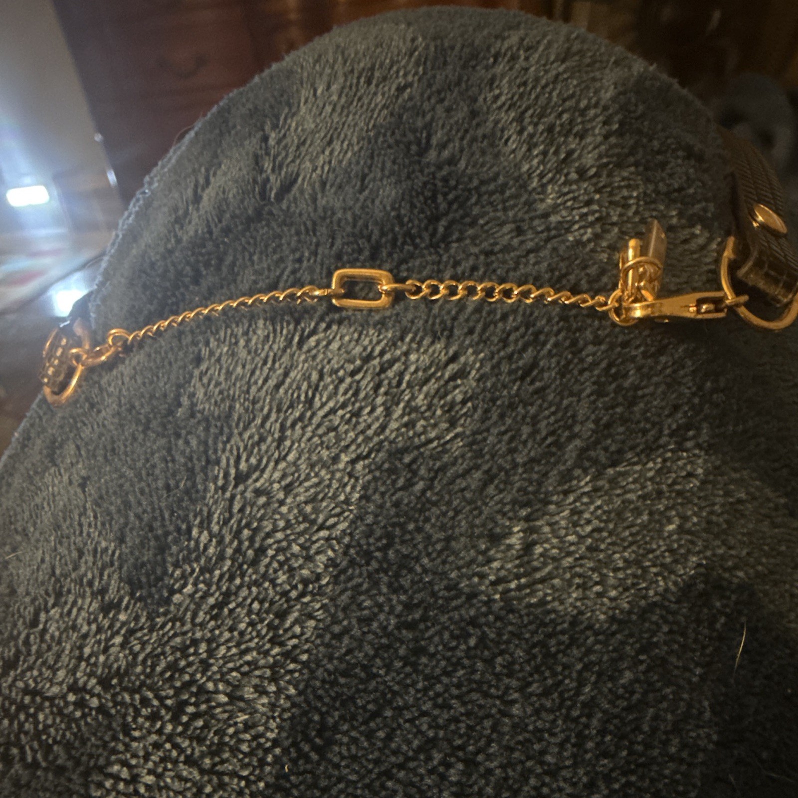 Gold Tone Crescent Collar Statement Necklace Black Straps Adjustable