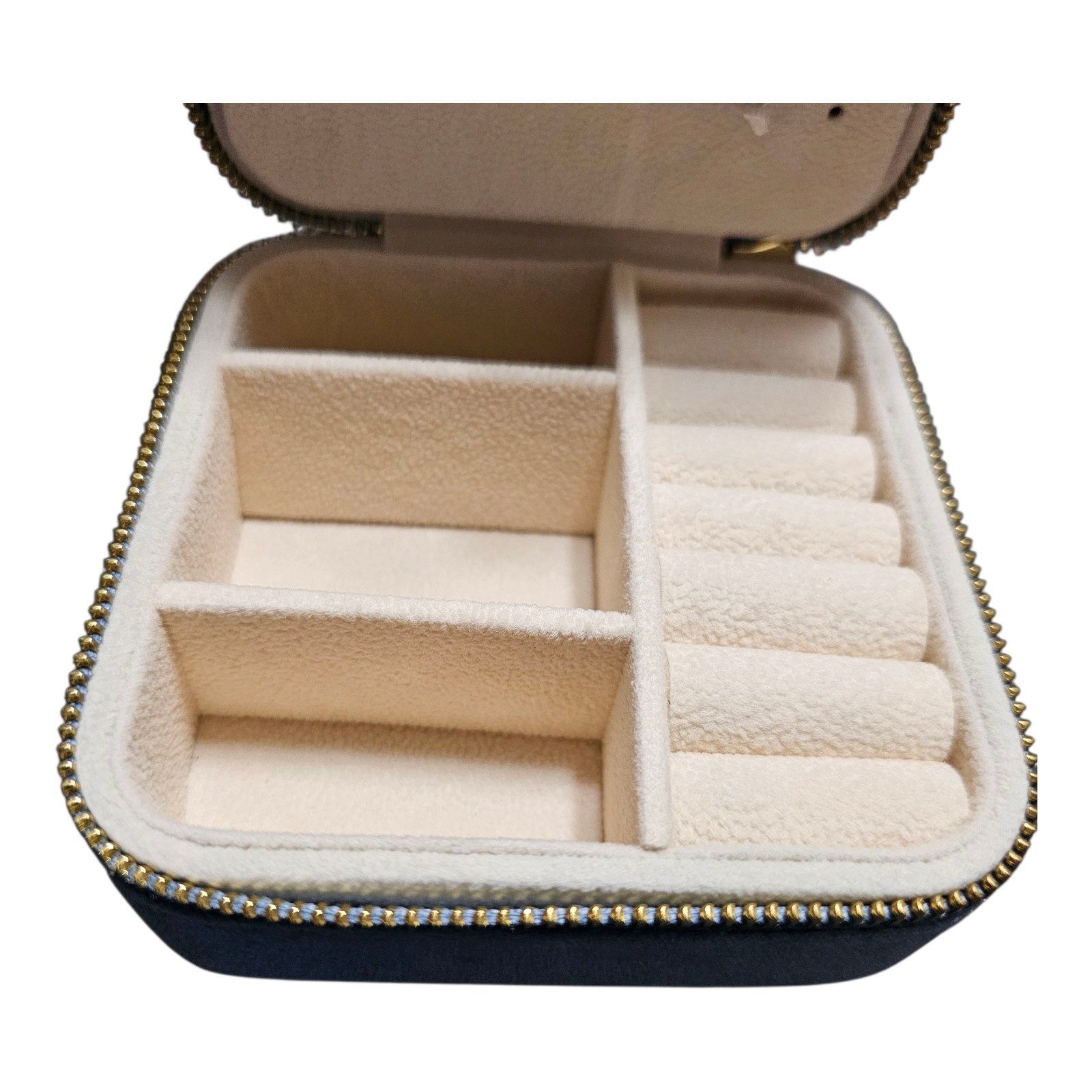 Sashka Jewelry Box Travel Organizer Plush Velvet Blue Mirror Zipper 4″ x 4″ x 2″
