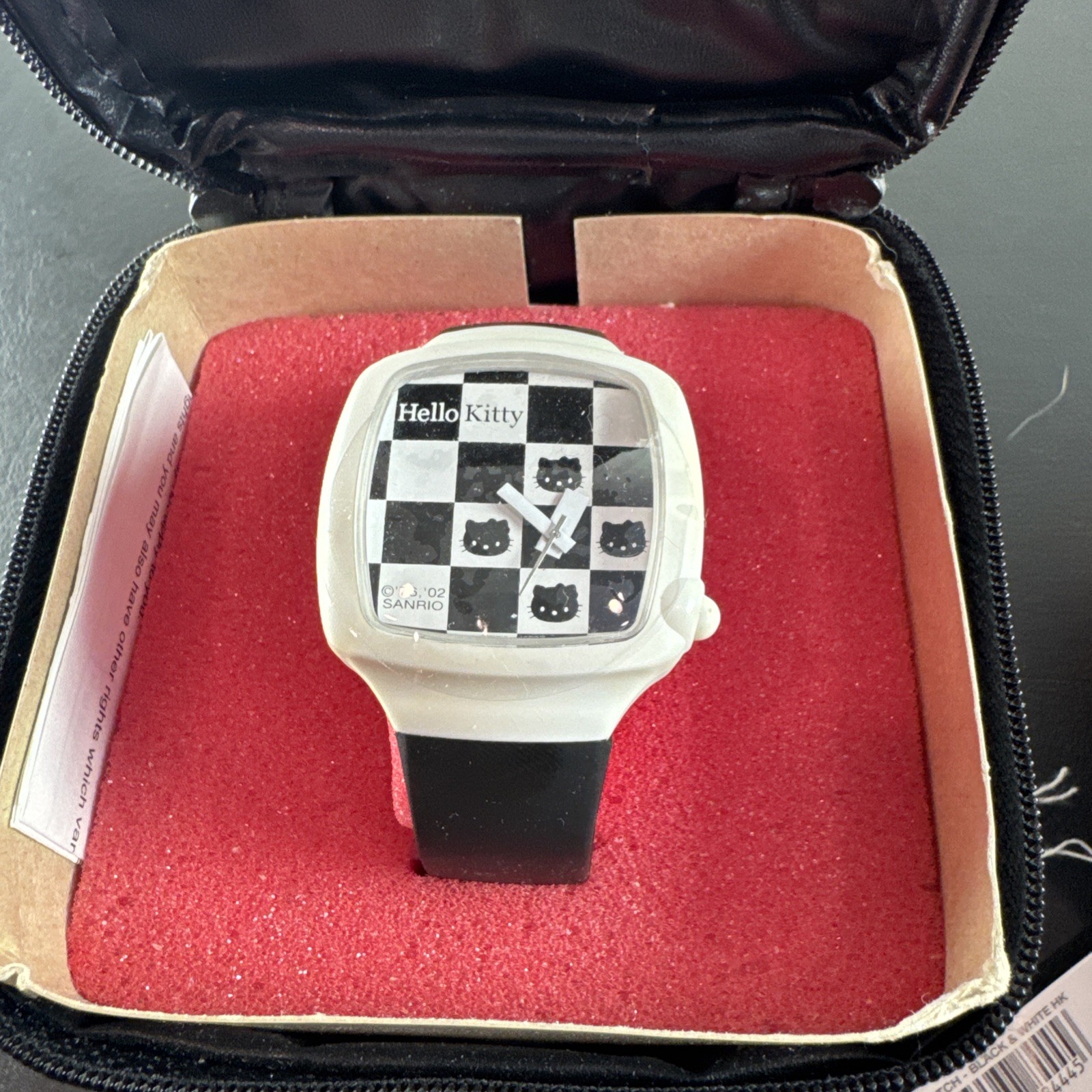 Vintage 2002 Sanrio Hello Kitty Watch Black White Checkerboard NOS w/ Case & Tag