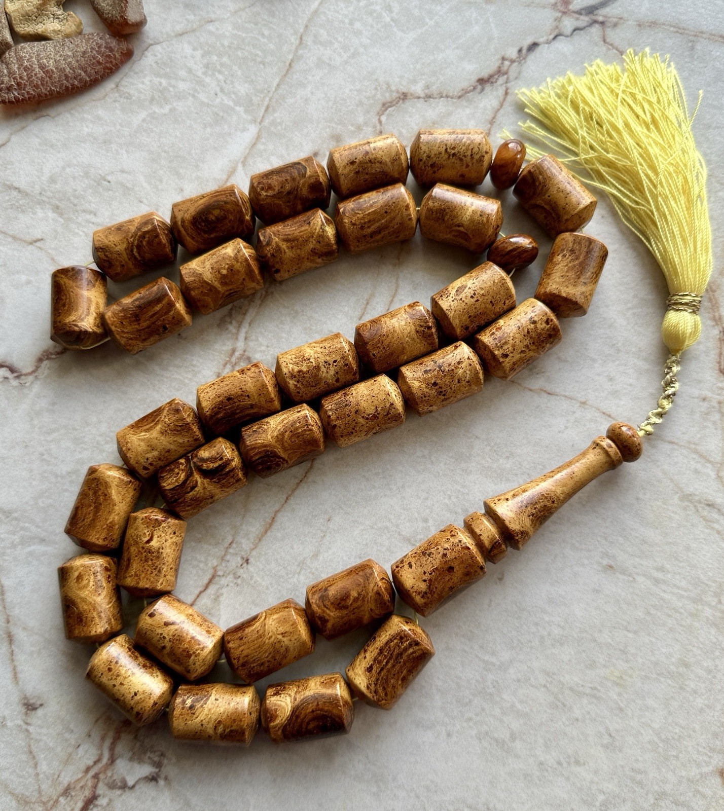 Big Baltic Amber 140g. Islamic Prayer Rosary Barrel 33 Brown Beads Pressed