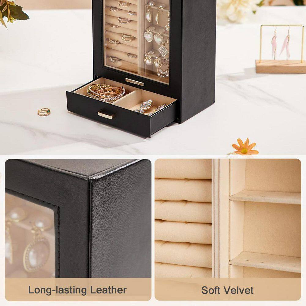 Black 7 In. X 9 In. Polyurethane Modern Jewelry Box with 3-Drawers