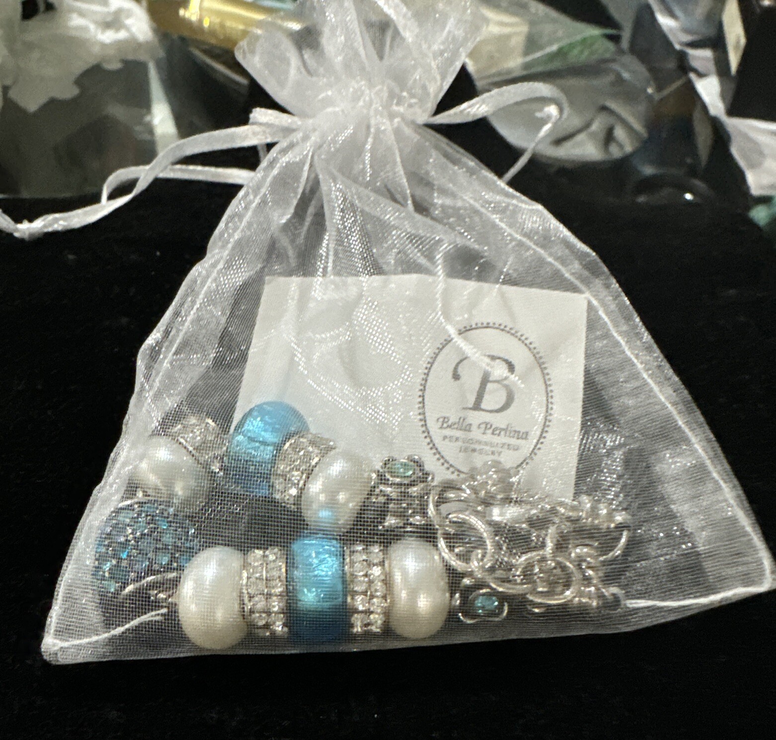 Bella Perlina Charm Bracelet with Aqua & White Beads with Silver Rhinestones $95