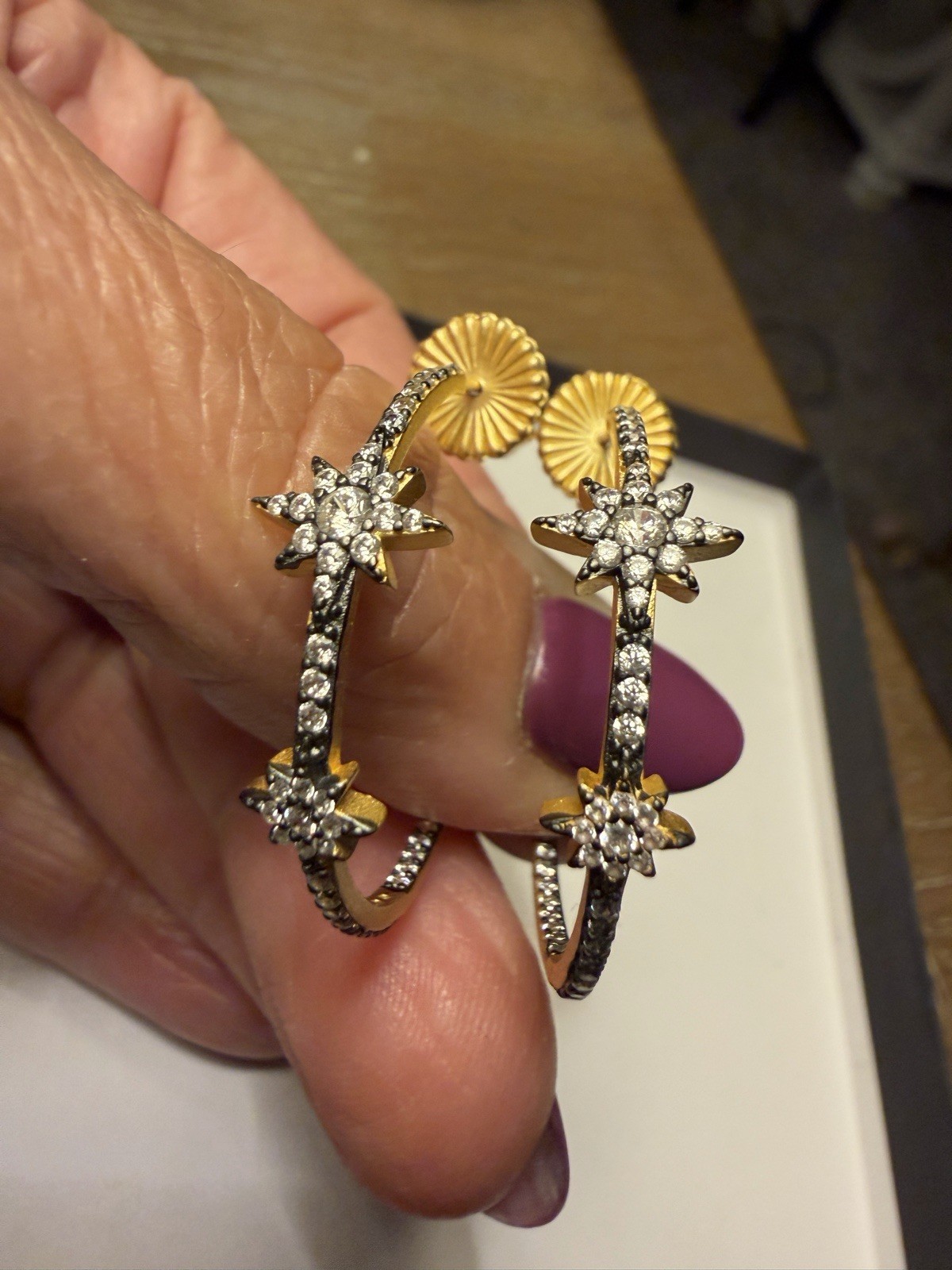 Freida Rothman Celestial Pavé Star Station Hoop Earrings Gold Tone 1.5in
