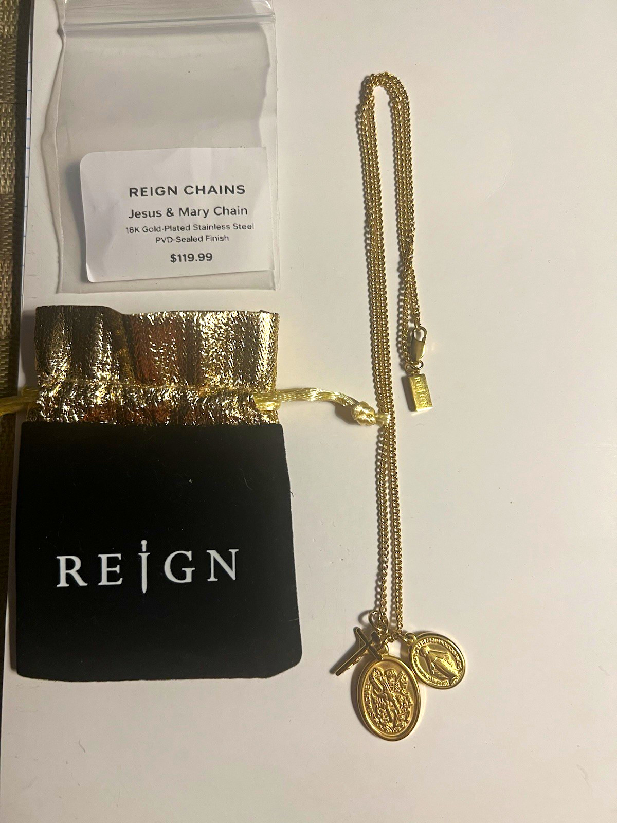 REIGN Gold Double Medallion Necklace with Jesus & Mary Charms