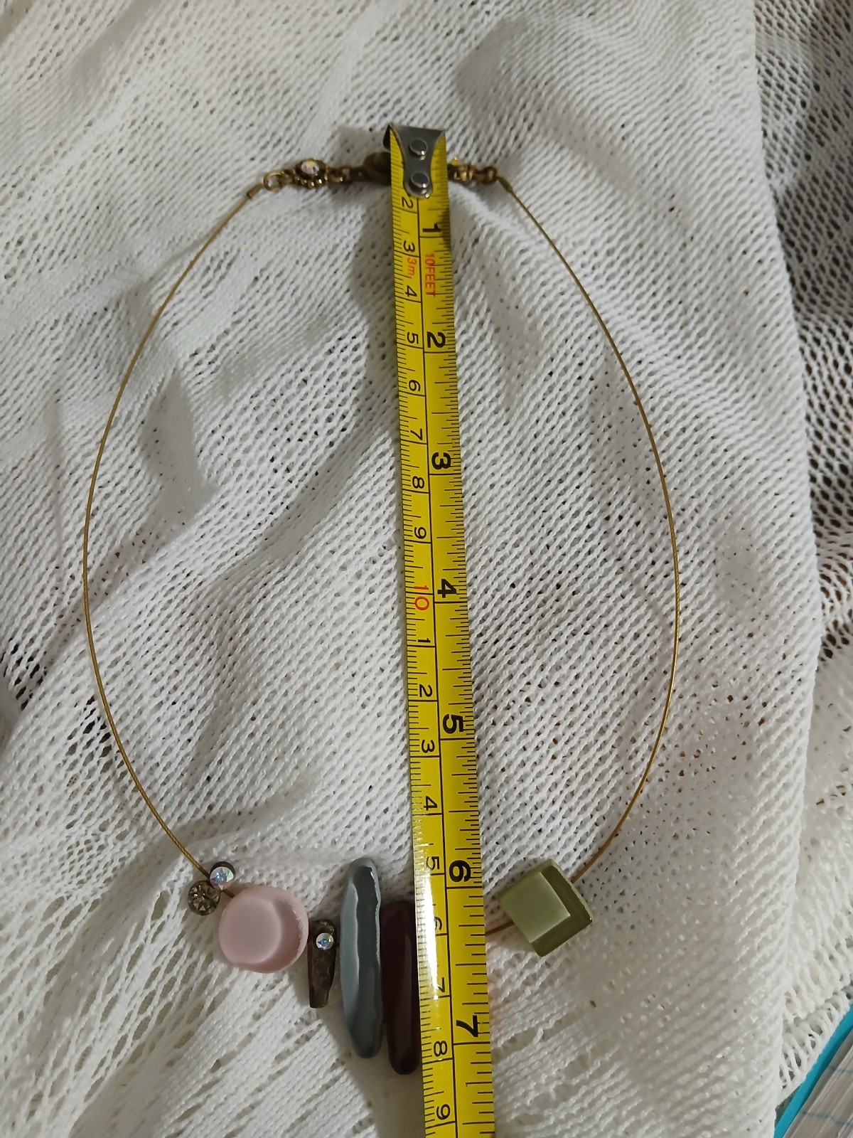 Vtg Brass Wire Choker Necklace Victorian Rev. Snap Clasp Geometric Shaped Rocks