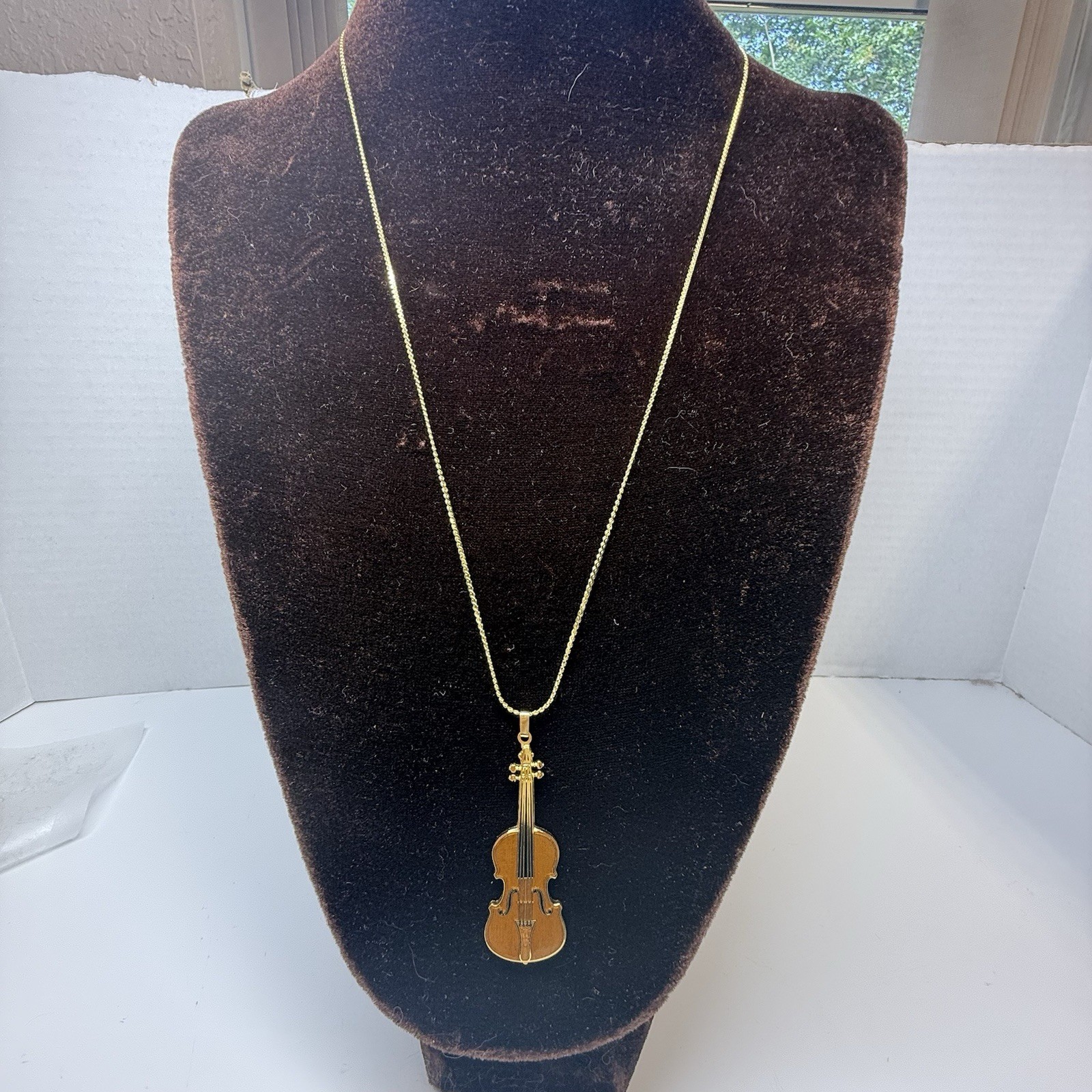 Vintage Future Primitive Gold Tone Enamel Violin Cello Pendant Long Necklace