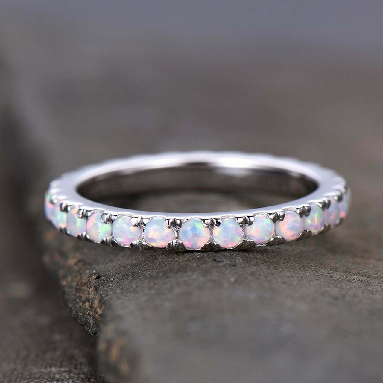 0.20Ct Round Lab-Created Opal Eternity Wedding Band Ring 14K White Gold Over