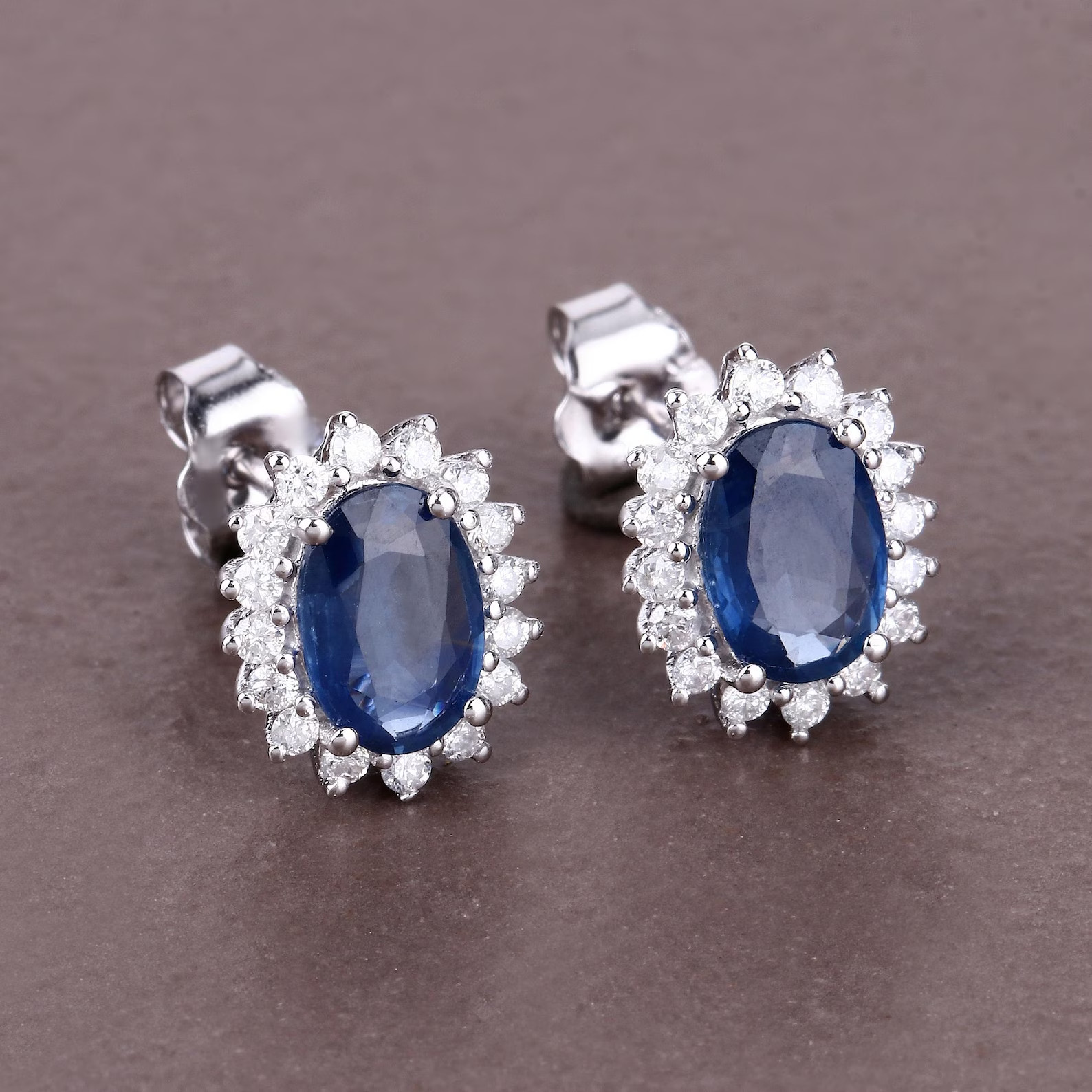 8.00 Ct Oval Cut Natural Sapphire & Diamond Wedding Earring Stud 14K White Gold