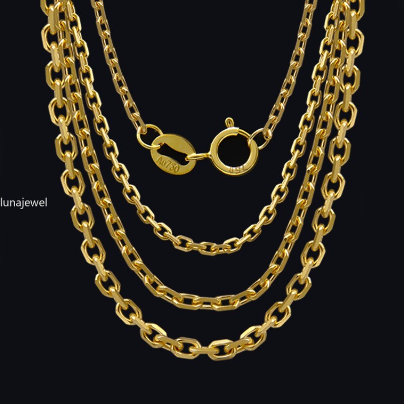 Solid Real 18K Yellow Gold Chain Rolo Cable O Link Women Necklace 16-18inch