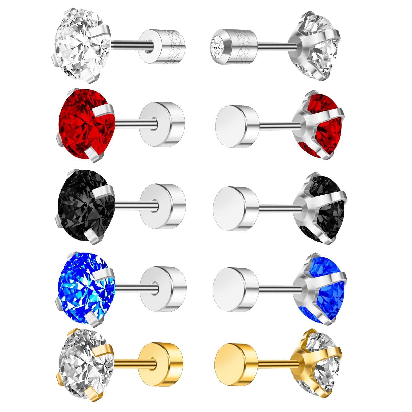 5 Pairs Flat Back Stud Earrings for Women, (5mm)x5, Blend Gem(Steel Color)