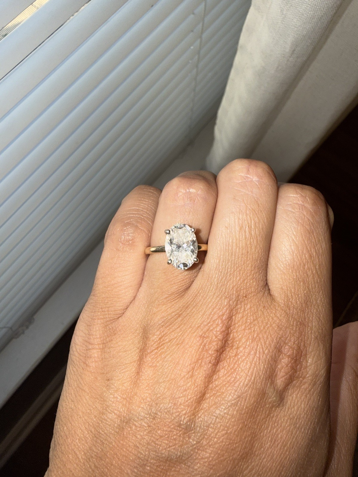 14 karat gold solitaire oval lab grown diamond ring 3.08 carats size 6