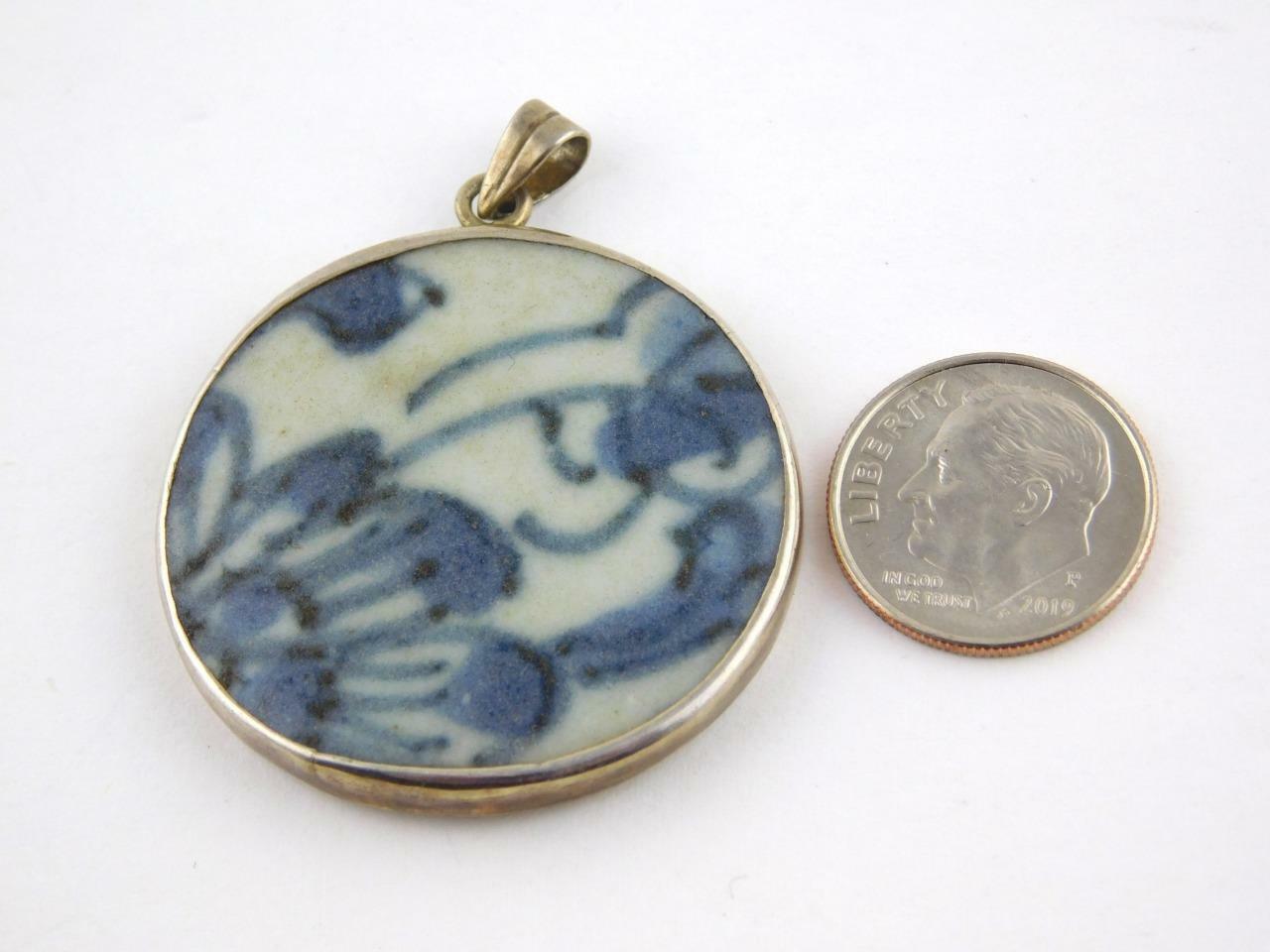 Vintage Sterling Silver Blue and White Floral Porcelain Pendant 925