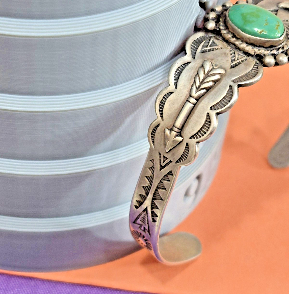 Vintage Fred Harvey Era Sterling Silver Turquoise Cuff Bracelet Arrow Stamp