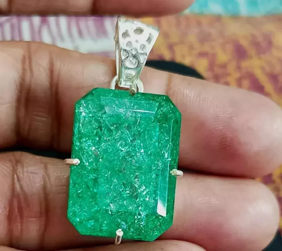 49 Ct Natural Certified Green Emerald Loose Gemstone 925 Solid Silver Pendant