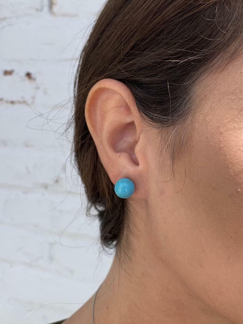 NEW .925 Sterling Silver Simple & Elegant 10mm Blue Turquoise Ball Stud Earrings