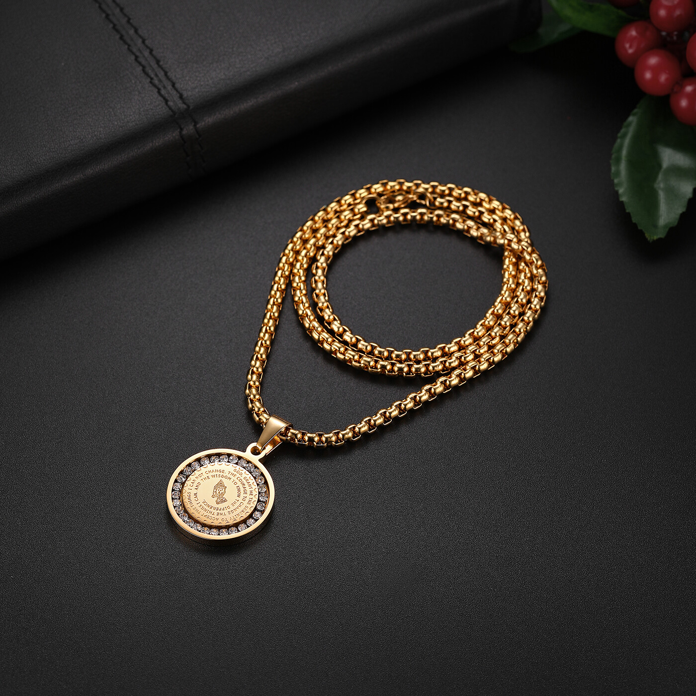 Men’s Stainless Steel Rhinestone Bible Text Prayer Tag Pendant Necklace Chain