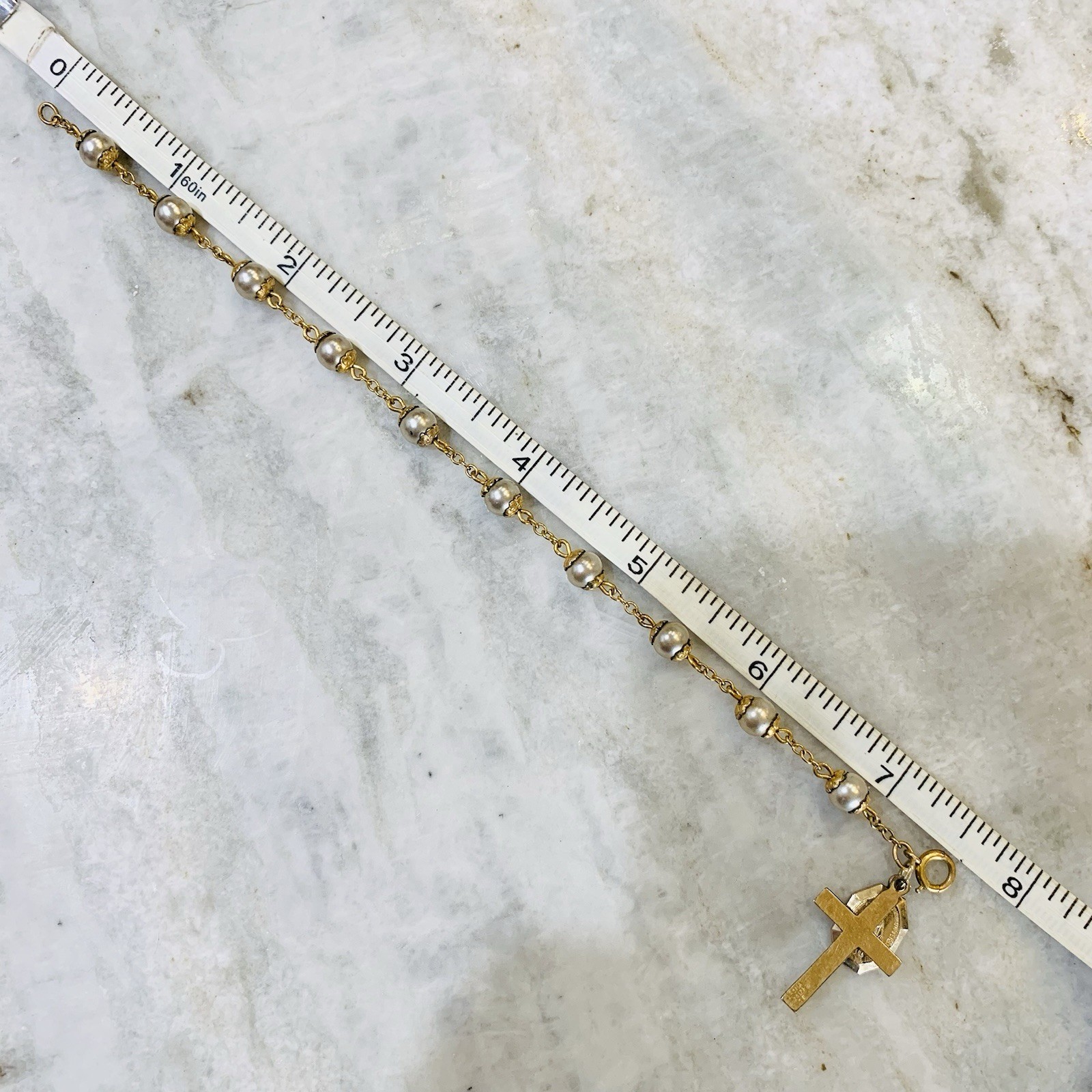 Crucifix Pearl Bracelet Gold Filled Faux 6mm 7.69gr Catholic Dangles Italy 7.5”