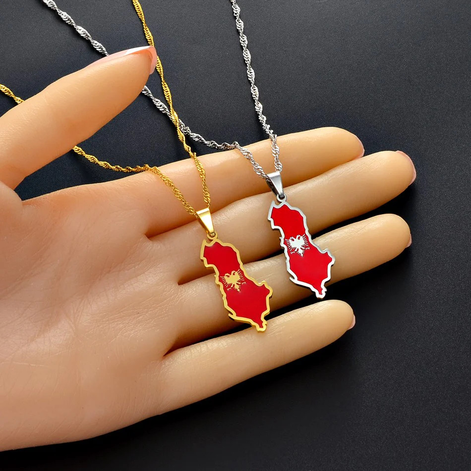Albania Map with Flag Pendant Necklace