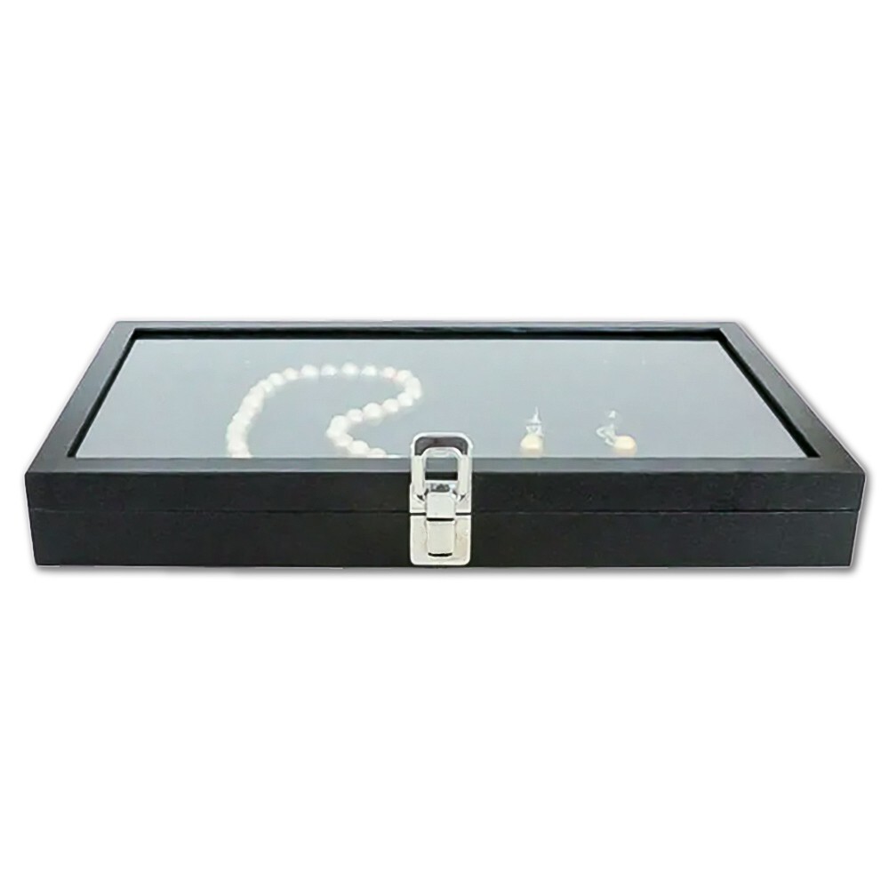 Black Wooden Jewelry Display Case with Glass Top 1.75″ Deep