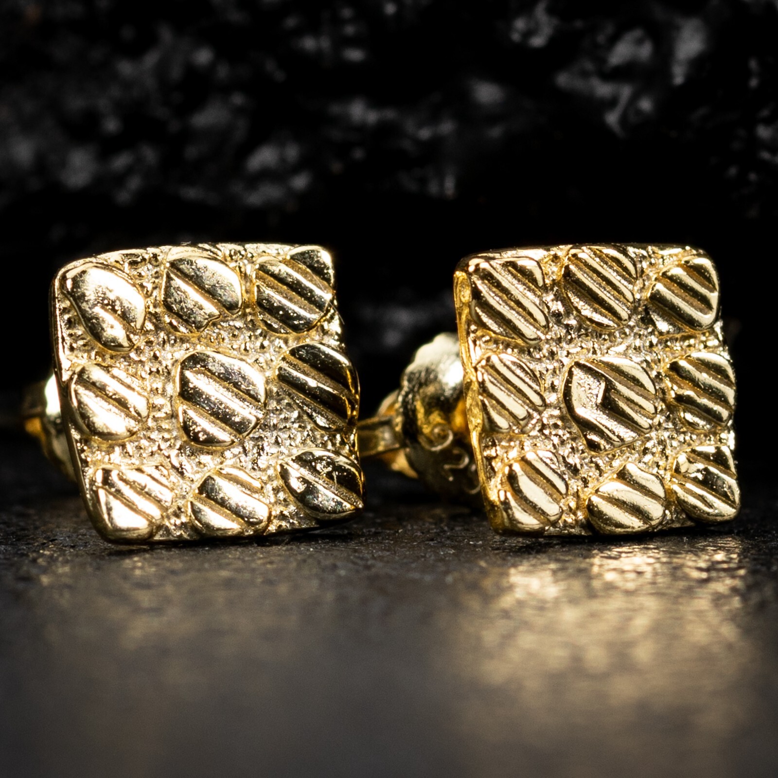 Men’s Square Yellow Gold Plated 925 Sterling Silver Diamond Cut Nugget Earrings