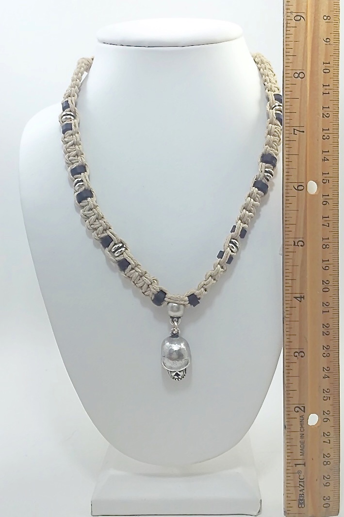 Hemp Necklace with Skull Charm Surfer Style Adjustable 14″, 16″, or 18 inches