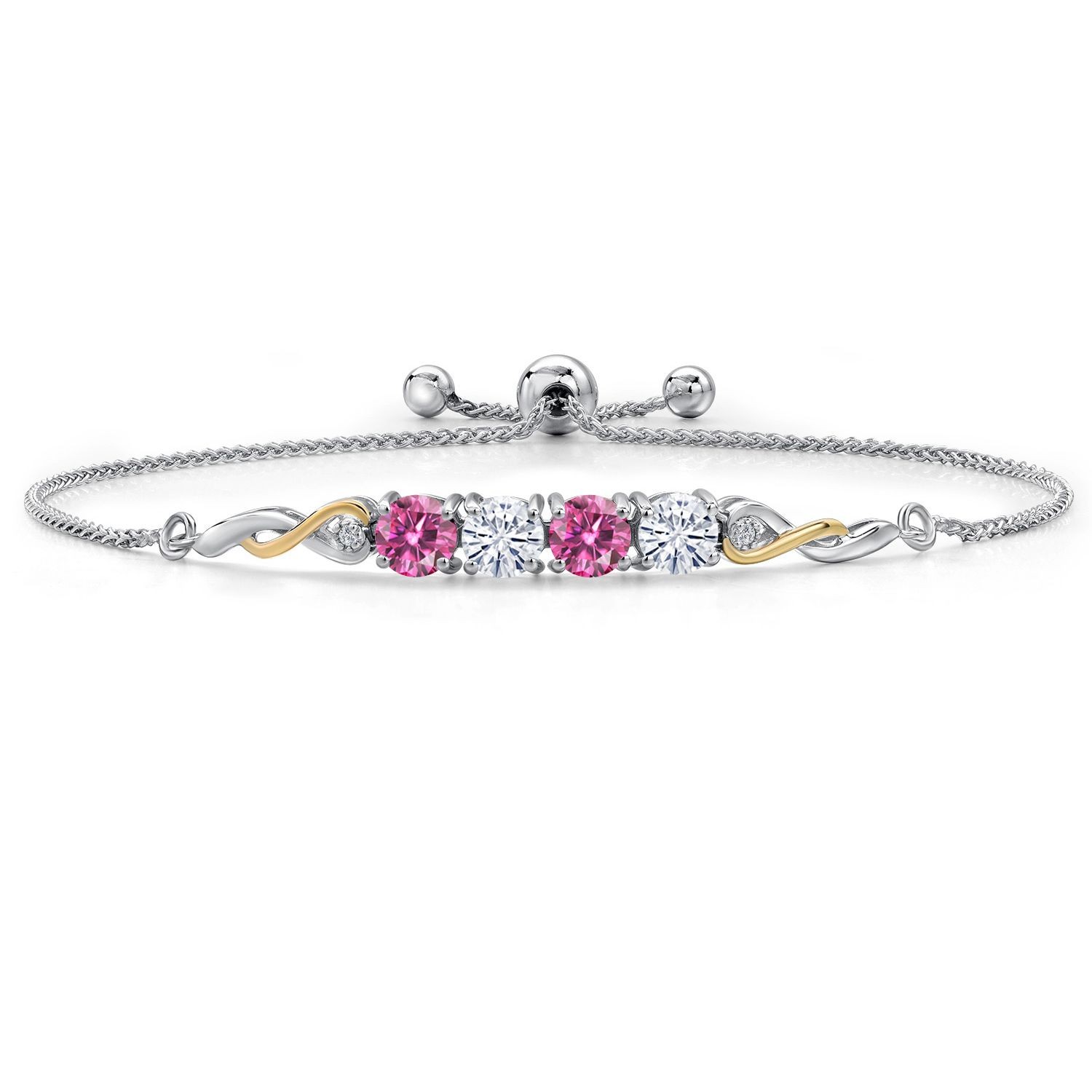 925 Silver and 10K Yellow Gold Pink Moissanite and White Moissanite and White